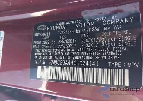 2016 Hyundai Tucson Se from USA, damaged, VIN KM8J23A44GU024141